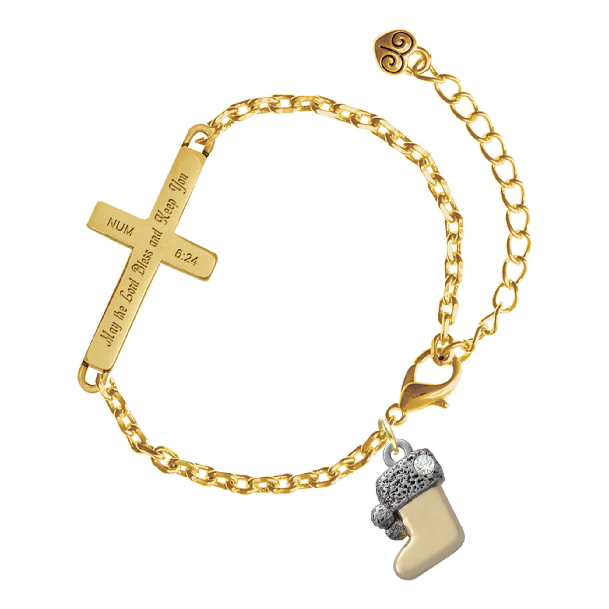 Delight Jewelry Two-tone 3-D Stocking with Clear Crystal - Gold Tone Numbers 6:24 May the Lord Bless You Engraved Cross Charm Bracelet, 6.5+1.5" Extender