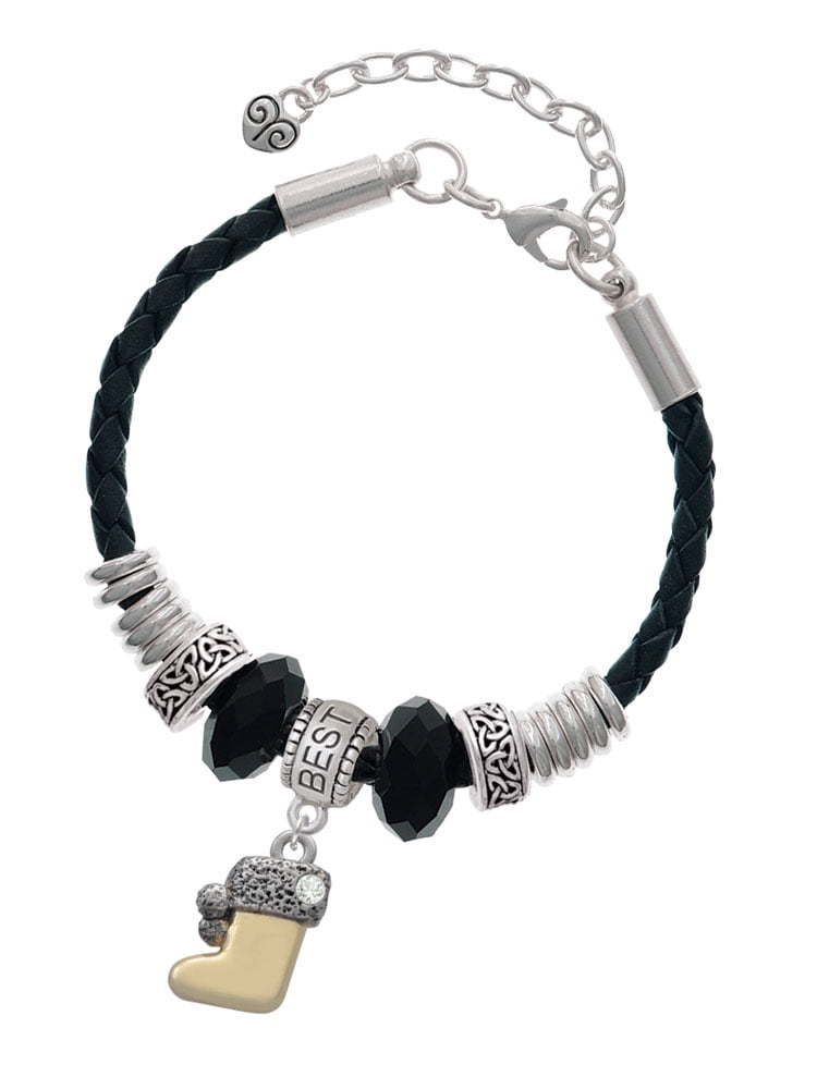 Delight Jewelry Two-tone 3-D Stocking with Clear Crystal Best Friend Celtic Knot Leather Bead Bracelet, 7"+2" Extender