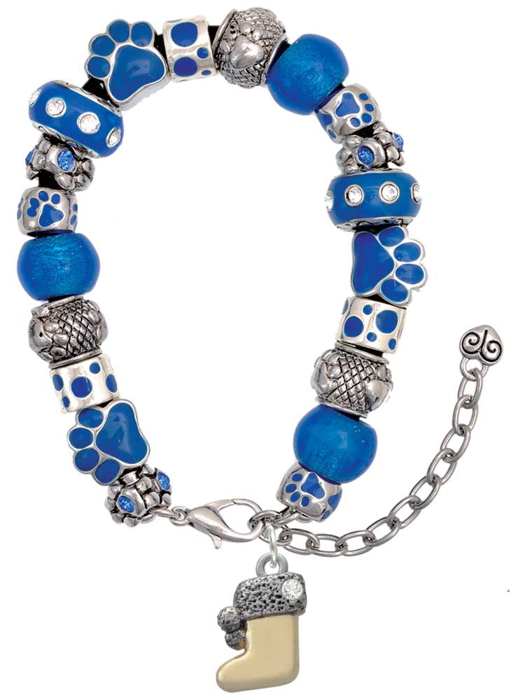 Delight Jewelry Two-tone 3-D Stocking with Clear Crystal Blue Paw Print Bead Bracelet, 7"+2"