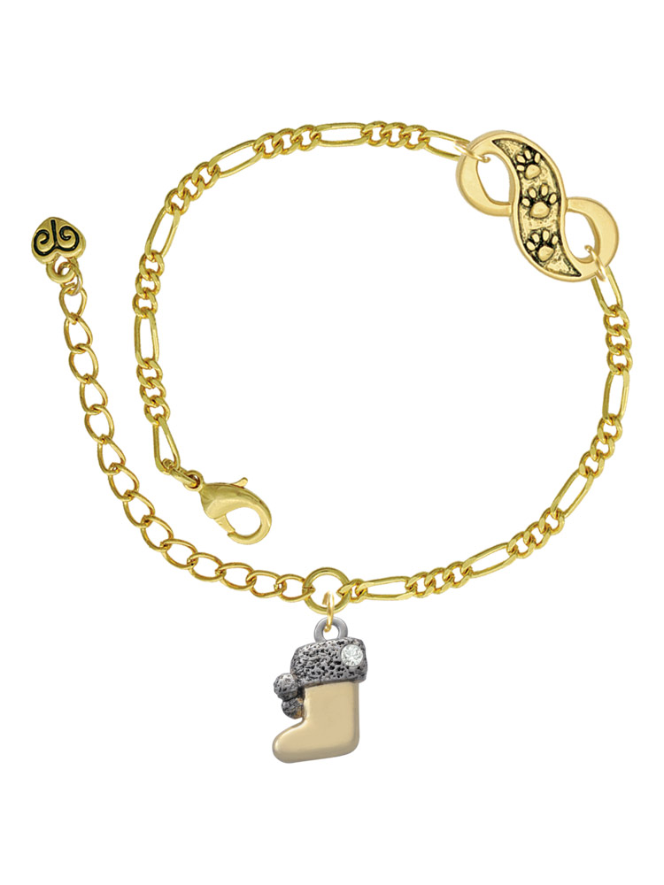 Delight Jewelry Two-tone 3-D Stocking with Clear Crystal Gold-tone Paw Infinity Link Chain Bracelet, 6"+2" Extender