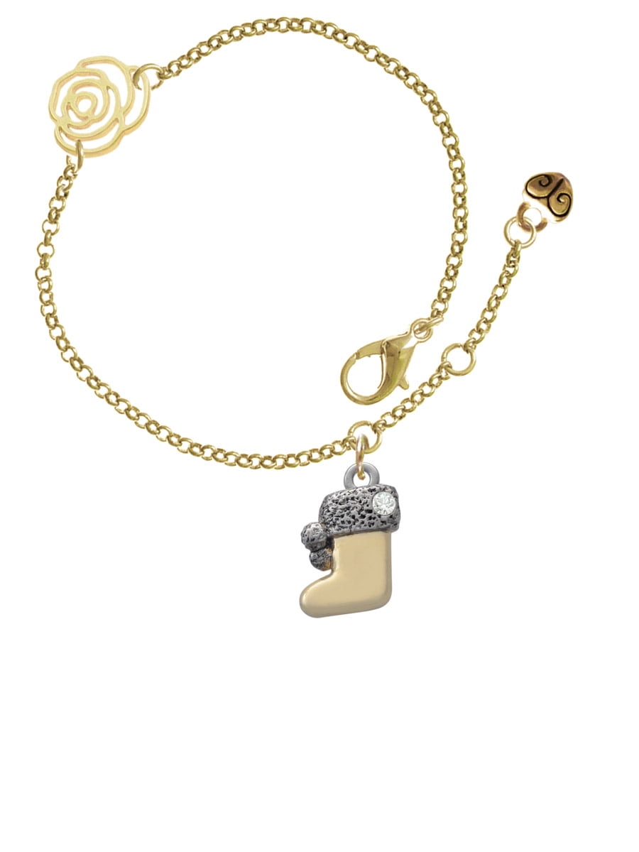 Delight Jewelry Two-tone 3-D Stocking with Clear Crystal Gold-tone Rose Link Chain Bracelet, 6.25"+1.75" Extender