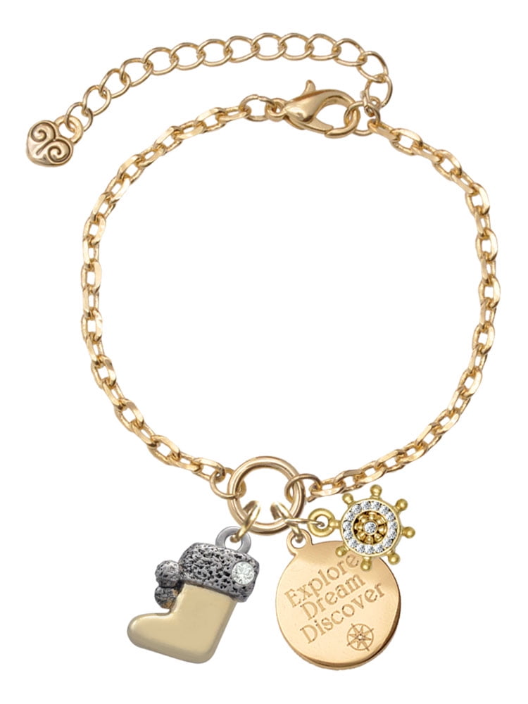 Delight Jewelry Two-tone 3-D Stocking with Clear Crystal Goldtone Discover Dream Explore Zoey Charm Bracelet, 6.5+2" Extender