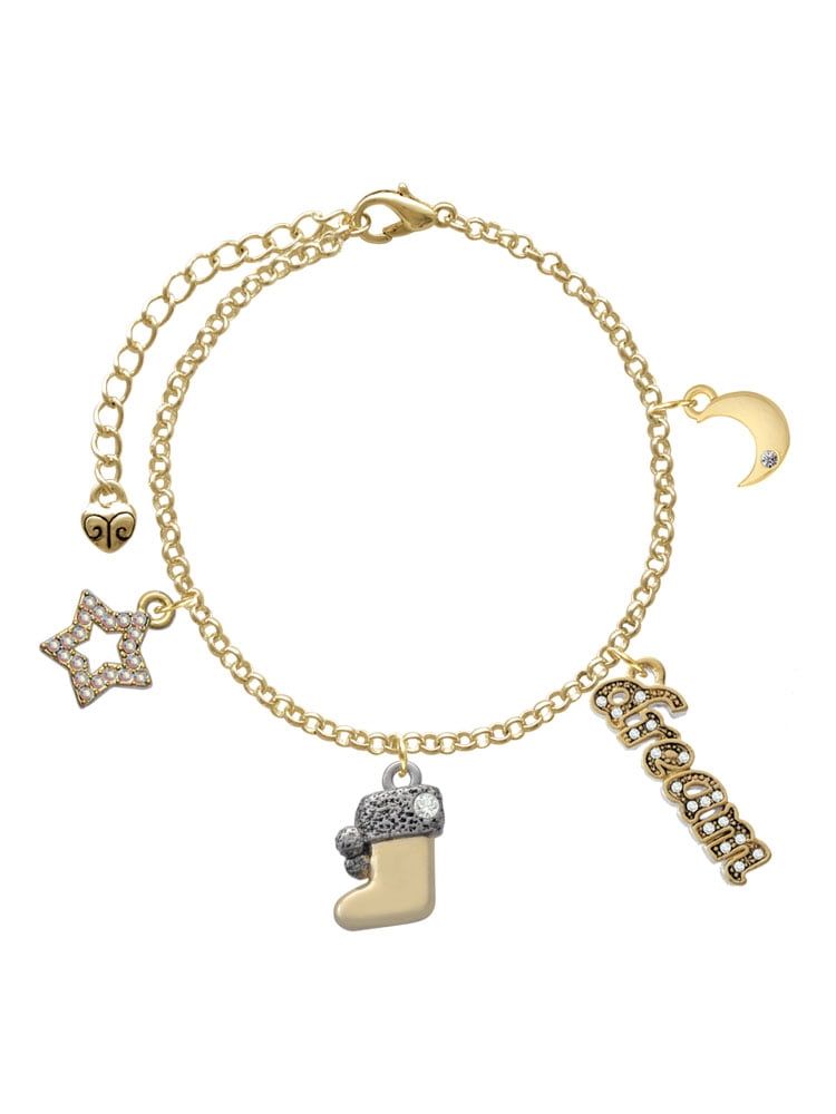 Delight Jewelry Two-tone 3-D Stocking with Clear Crystal Goldtone Dream Big Charm Bracelet, 7.5+2" Extender
