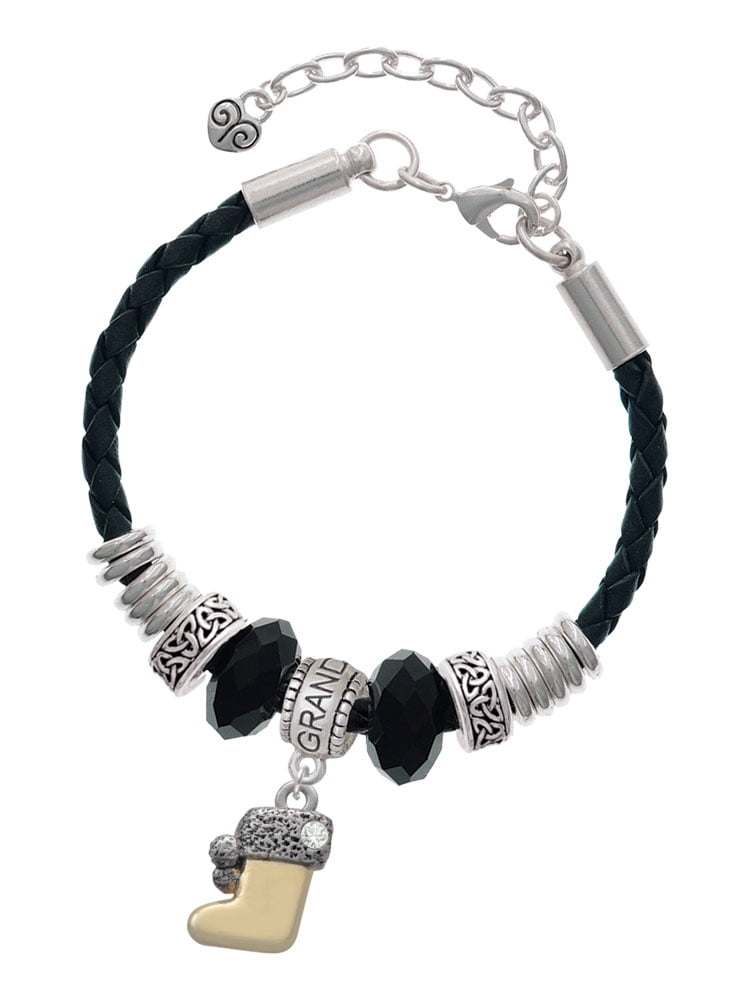 Delight Jewelry Two-tone 3-D Stocking with Clear Crystal Granddaughter Celtic Knot Leather Bead Bracelet, 7"+2" Extender
