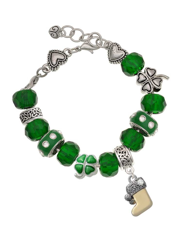 Delight Jewelry Two-tone 3-D Stocking with Clear Crystal - Green Irish Luck Bead Charm Bracelet, 7.5"