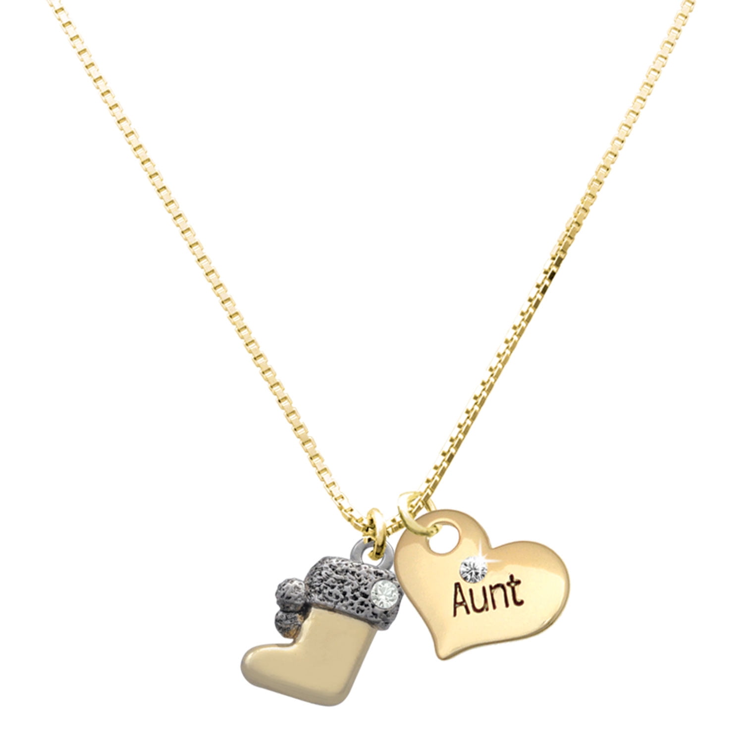 Delight Jewelry Two-tone 3-D Stocking with Clear Crystal - Large Goldtone Aunt Heart Charm Necklace, 17.5"+2" Extender