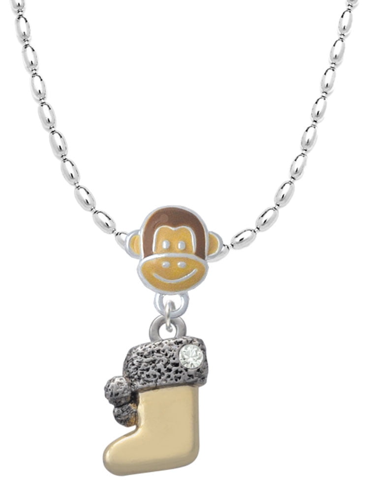 Delight Jewelry Two-tone 3-D Stocking with Clear Crystal Mia Monkey Charm Necklace