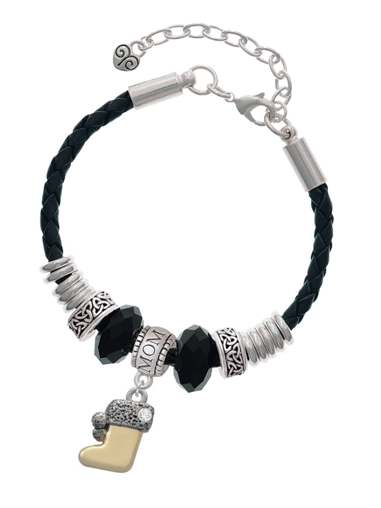 Delight Jewelry Two-tone 3-D Stocking with Clear Crystal Mom Celtic Knot Leather Bead Bracelet, 7"+2" Extender