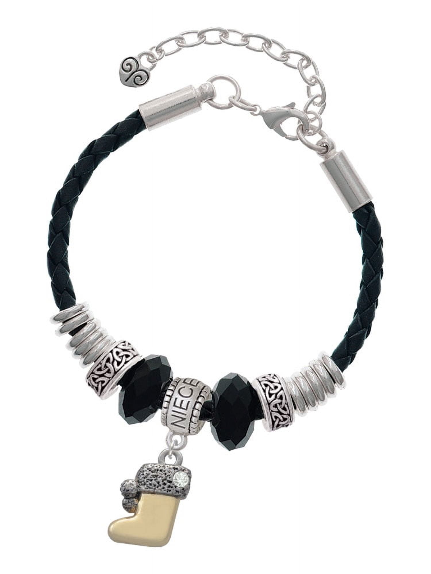 Delight Jewelry Two-tone 3-D Stocking with Clear Crystal Niece Celtic Knot Leather Bead Bracelet, 7"+2" Extender