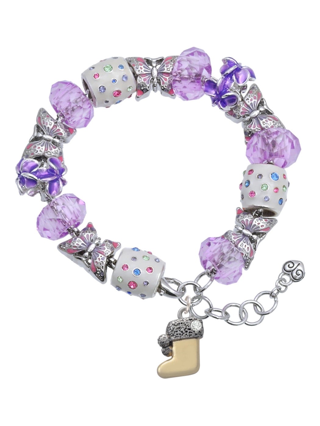Delight Jewelry Two-tone 3-D Stocking with Clear Crystal Purple Butterfly Bead Charm Bracelet, 7"+1" Extender