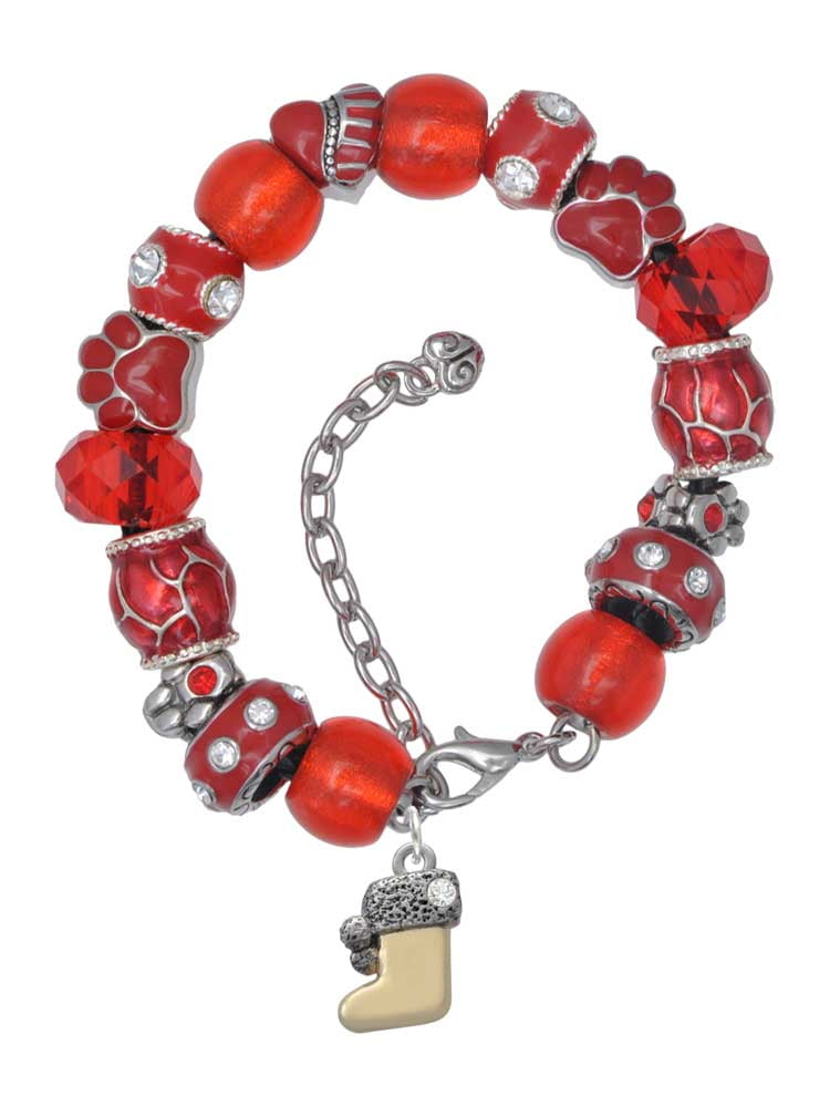 Delight Jewelry Two-tone 3-D Stocking with Clear Crystal Red Paw Print Bead Bracelet, 7"+2"