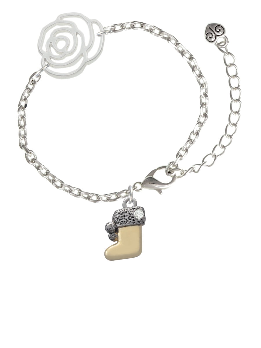 Delight Jewelry Two-tone 3-D Stocking with Clear Crystal Silver-tone Flower Link Chain Bracelet, 6.75"+2" Extender