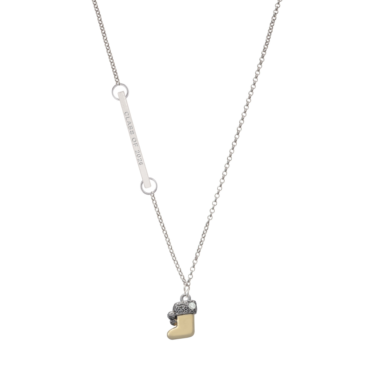 Delight Jewelry Two-tone 3-D Stocking with Clear Crystal - Silvertone Class of 2026 Delicate Bar Necklace, 18.75"