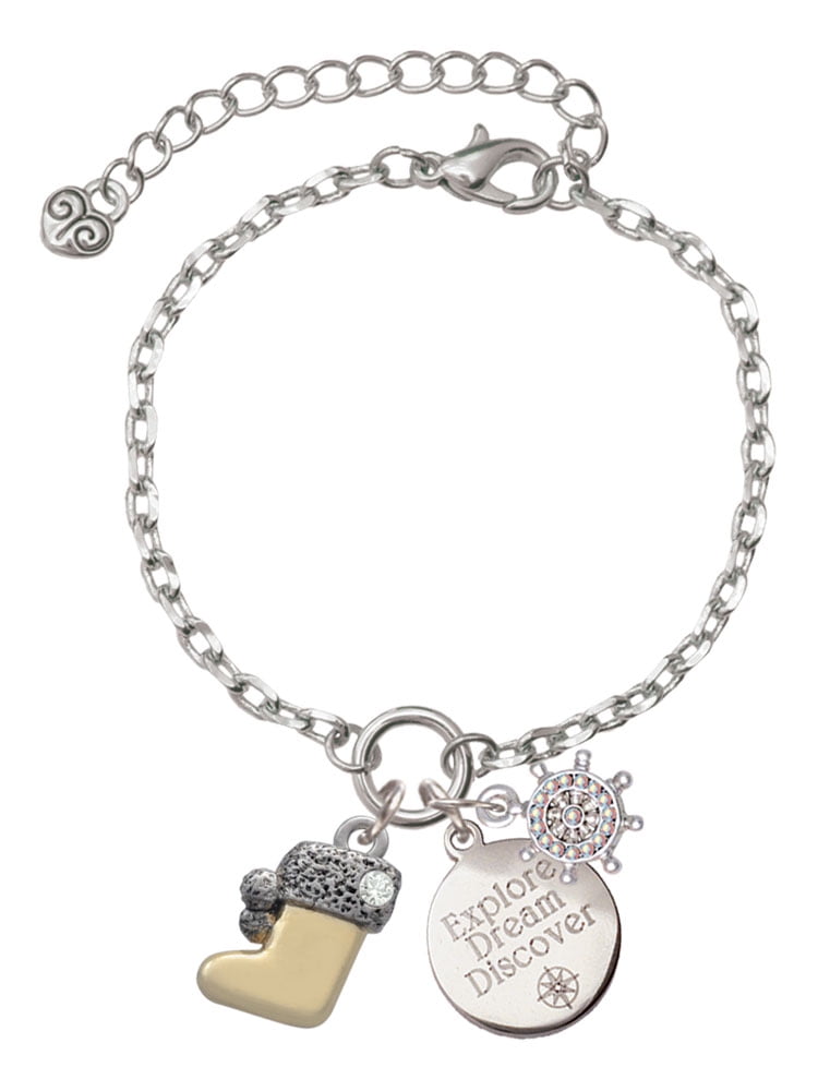 Delight Jewelry Two-tone 3-D Stocking with Clear Crystal Silvertone Discover Dream Explore Zoey Charm Bracelet, 6.5+2" Extender