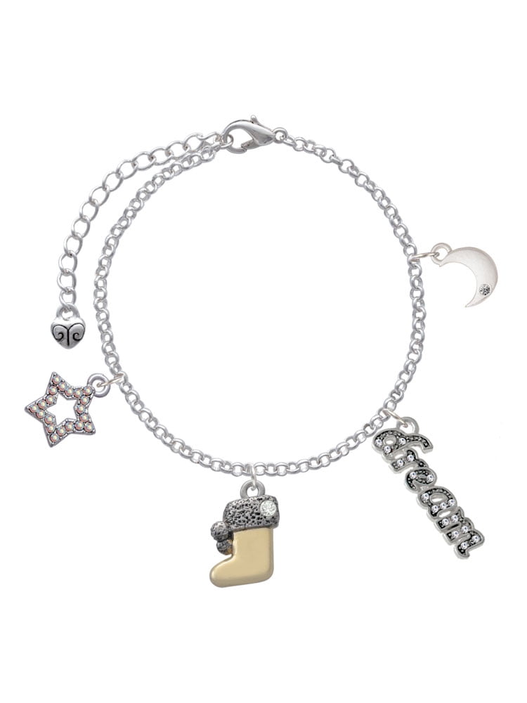 Delight Jewelry Two-tone 3-D Stocking with Clear Crystal Silvertone Dream Big Charm Bracelet, 7.5+2" Extender