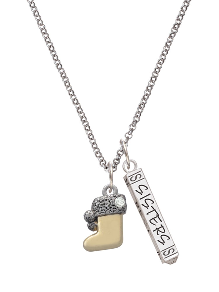 Delight Jewelry Two-tone 3-D Stocking with Clear Crystal Silvertone Sisters Best Friends Forever Bar Charm Necklace, 23"