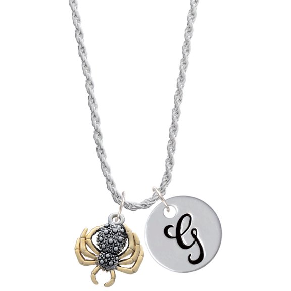 Delight Jewelry Two-tone 3-D Textured Spider with Legs Silvertone Script Initial Disc - G - Charm Necklace, 20"+3"
