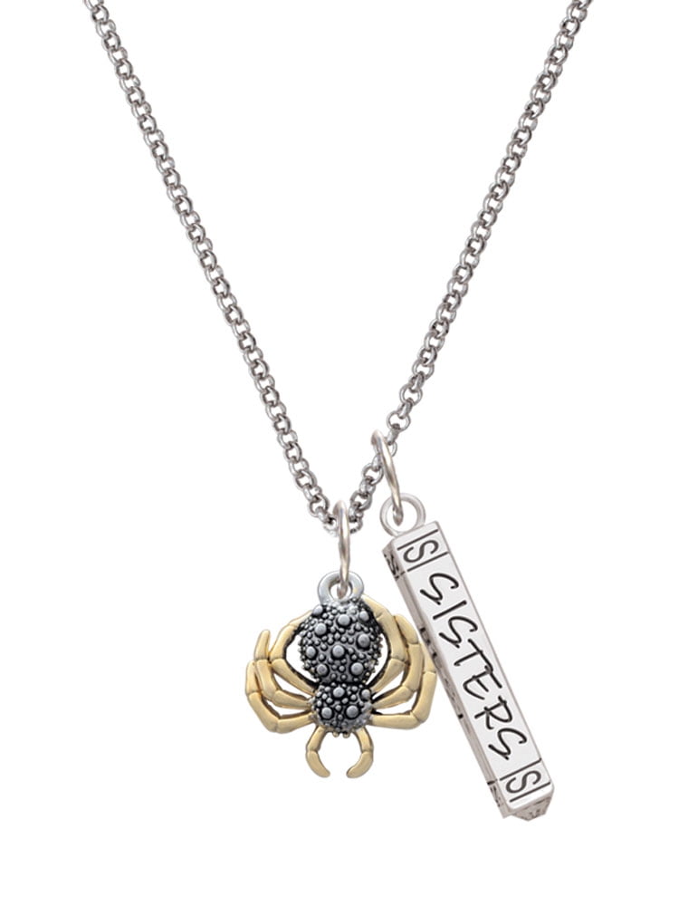 Delight Jewelry Two-tone 3-D Textured Spider with Legs Silvertone Sisters Best Friends Forever Bar Charm Necklace, 23"