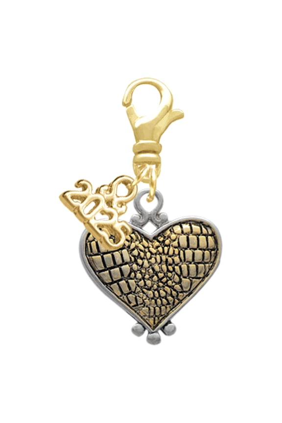 Two-tone Alligator Print Heart - Gold-tone Clip on Charm with Mini Year 2025