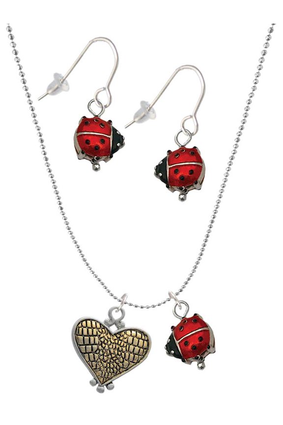 Two-tone Alligator Print Heart Red Lucky Ladybug Necklace and Dangle Earrings Set