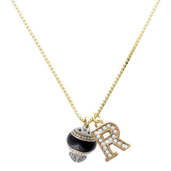 Delight Jewelry Two-tone Black Round Spinner - Large Goldtone Crystal Initial - R - Charm Necklace, 17.5"+2"