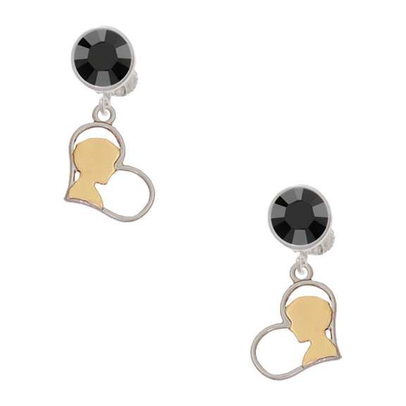 Delight Jewelry Two-tone Boy Silhouette in Heart Black Crystal Clip on Earrings