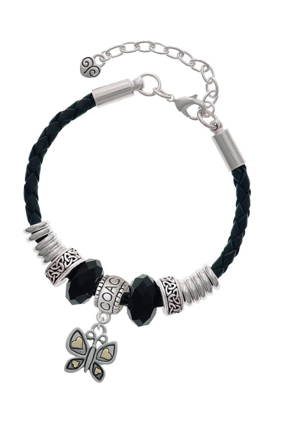 Two-tone Butterfly with Hearts Coach Celtic Knot Leather Bead Bracelet, 7"+2" Extender