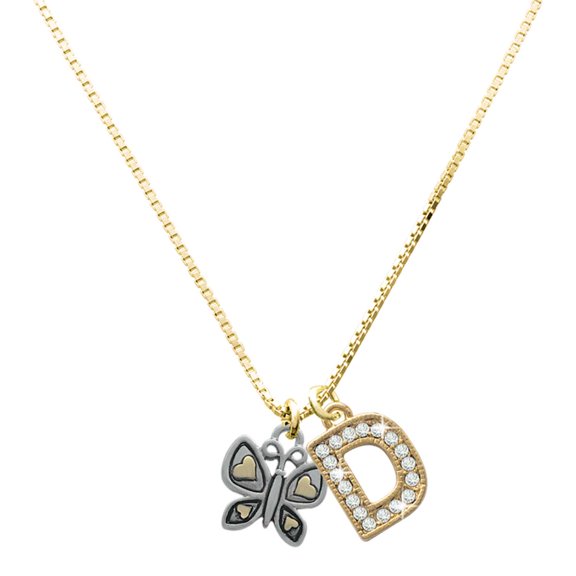 Delight Jewelry Two-tone Butterfly with Hearts - Large Goldtone Crystal Initial - D - Charm Necklace, 17.5"+2"