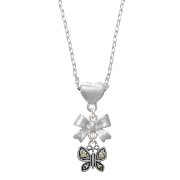 Delight Jewelry Two-tone Butterfly with Hearts Silver tone Bow Heart Necklace
