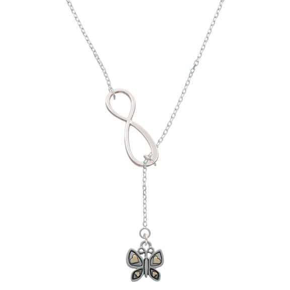 Delight Jewelry Two-tone Butterfly with Hearts Silver tone Elegant Infinity Lariat Necklace