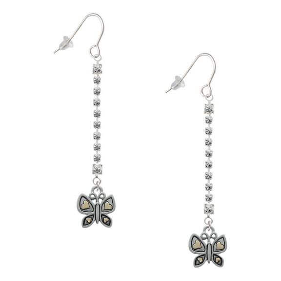Delight Jewelry Two-tone Butterfly with Hearts - Silver-tone Long Sparkle Dangle French Earrings