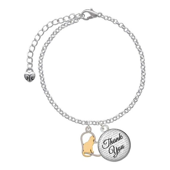 Delight Jewelry Two-tone Cat Silhouette Heart - Domed Thank You Charm Bracelet, 6"+2"
