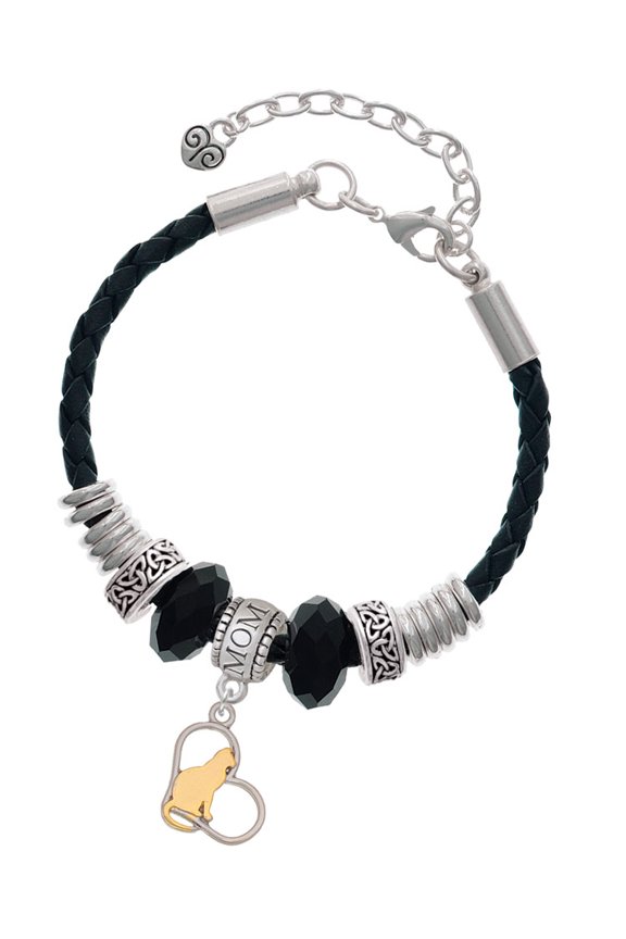Two-tone Cat Silhouette Heart Mom Celtic Knot Leather Bead Bracelet, 7"+2" Extender