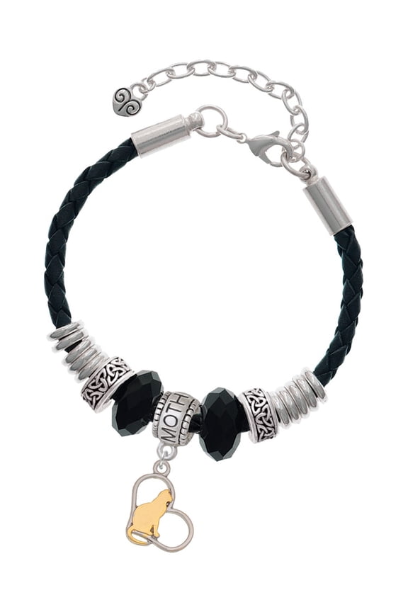 Two-tone Cat Silhouette Heart Mother Celtic Knot Leather Bead Bracelet, 7"+2" Extender