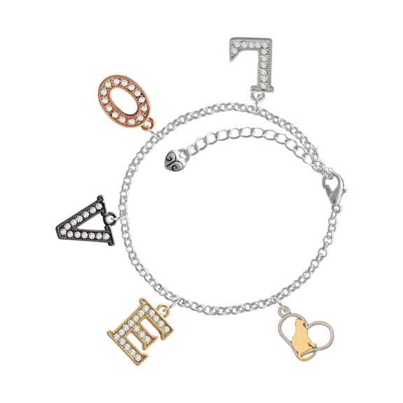 Delight Jewelry Two-tone Cat Silhouette Heart Multi-Colored Crystal Love Charm Bracelet