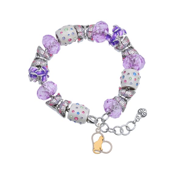 Delight Jewelry Two-tone Cat Silhouette Heart Purple Butterfly Bead Charm Bracelet, 7"+1" Extender