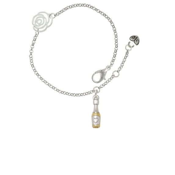 Delight Jewelry Two-tone Champagne Bottle Silver-tone Rose Link Chain Bracelet, 6.25"+1.75" Extender