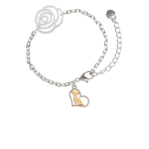 Delight Jewelry Two-tone Chihuahua Silhouette Heart Silver-tone Flower Link Chain Bracelet, 6.75"+2" Extender