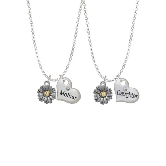 Delight Jewelry Two-tone Daisy Flower Mother & Daughter Heart Necklaces (Set of 2), 19"+2"