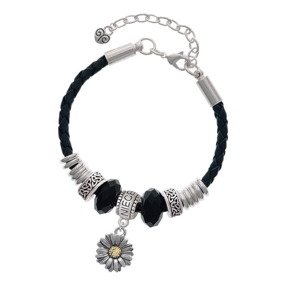 Delight Jewelry Two-tone Daisy Flower Niece Celtic Knot Leather Bead Bracelet, 7"+2" Extender