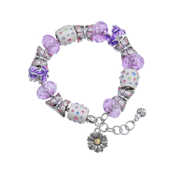 Delight Jewelry Two-tone Daisy Flower Purple Butterfly Bead Charm Bracelet, 7"+1" Extender