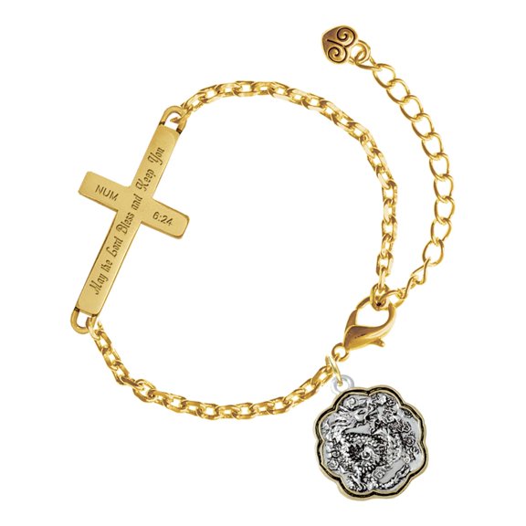 Delight Jewelry Two-tone Dragon and Phoenix Medallion - Gold Tone Numbers 6:24 May the Lord Bless You Engraved Cross Charm Bracelet, 6.5+1.5" Extender