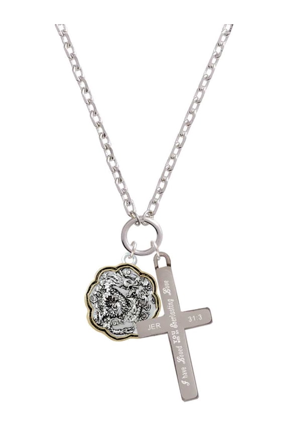 Two-tone Dragon and Phoenix Medallion Everlasting Love Engraved Cross Zoey Necklace, 28"