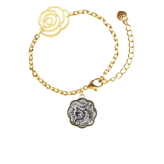 Delight Jewelry Two-tone Dragon and Phoenix Medallion Gold-tone Flower Link Chain Bracelet, 6.75"+2" Extender