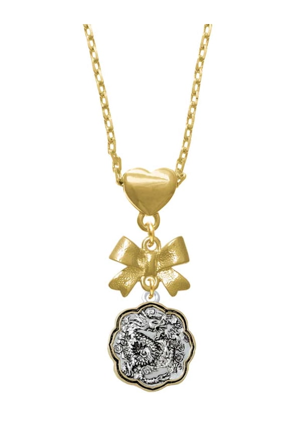Two-tone Dragon and Phoenix Medallion Gold tone Heart Necklace