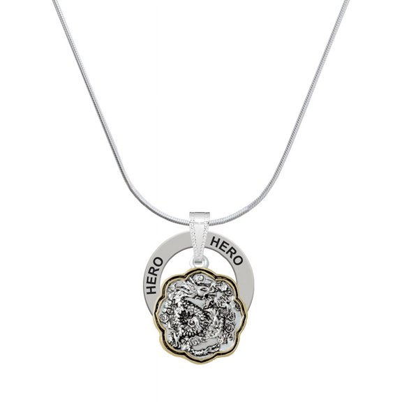 Delight Jewelry Two-tone Dragon and Phoenix Medallion Hero Ring Charm Necklace, 18"