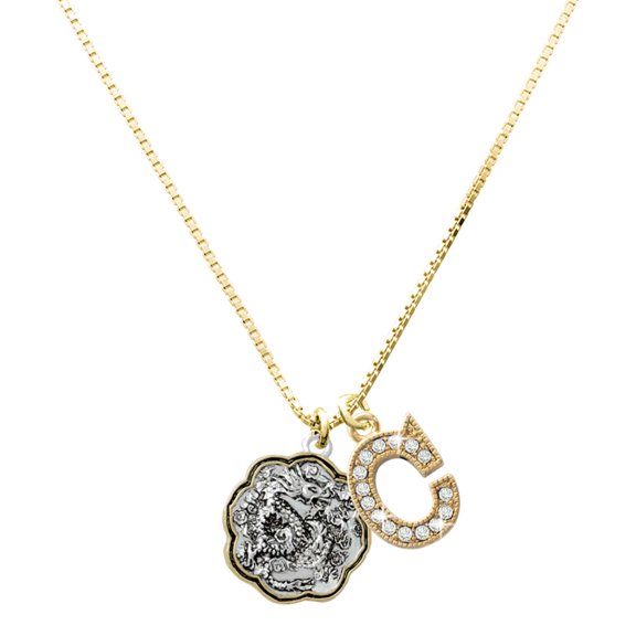 Delight Jewelry Two-tone Dragon and Phoenix Medallion - Large Goldtone Crystal Initial - C - Charm Necklace, 17.5"+2"