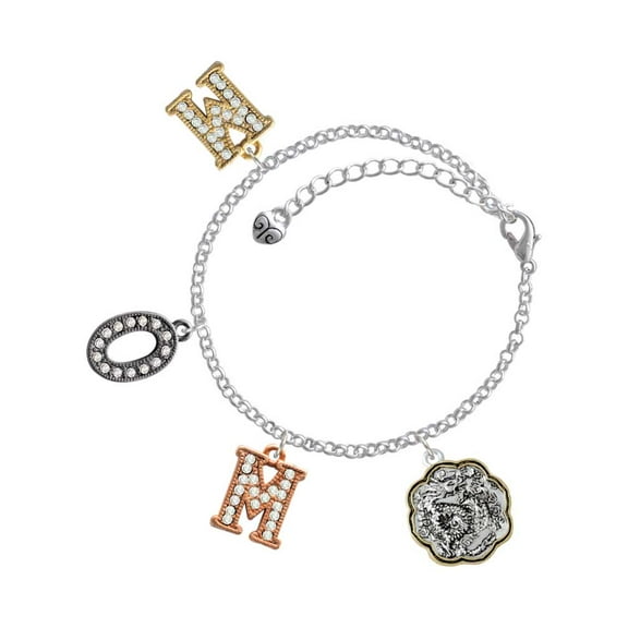 Delight Jewelry Two-tone Dragon and Phoenix Medallion Multi-Colored Crystal Mom Charm Bracelet