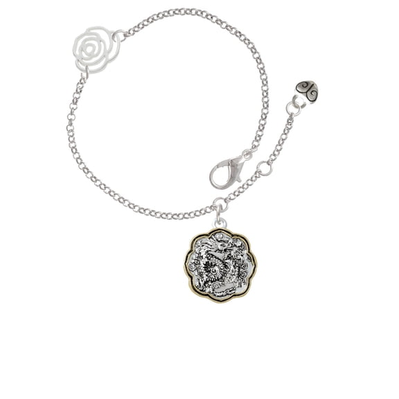 Delight Jewelry Two-tone Dragon and Phoenix Medallion Silver-tone Rose Link Chain Bracelet, 6.25"+1.75" Extender