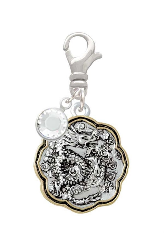 Two-tone Dragon and Phoenix Medallion - Silvertone Clip on Charm with Clear Crystal Drop